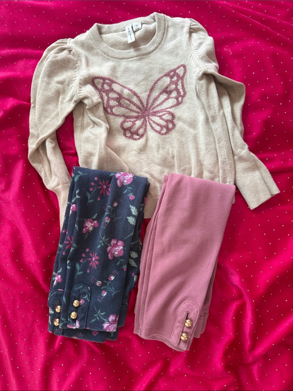 Set: Butterfly Knit Sweater - Beige with Pink Accent 2 pants